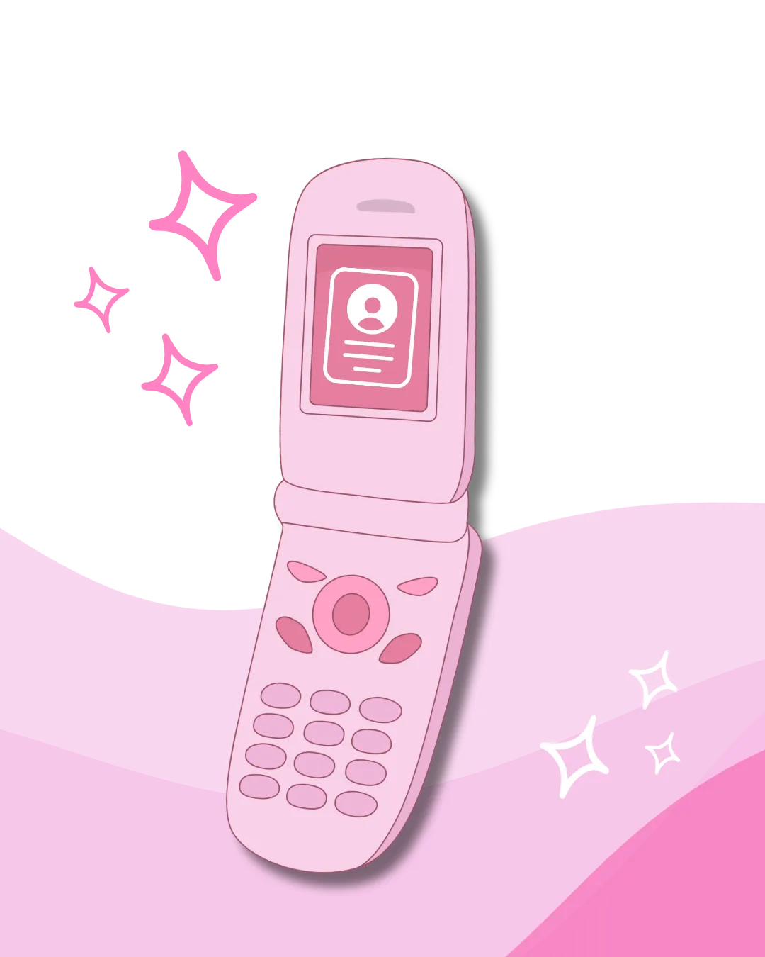 Pink retro flip phone illustration in pastel shades, open and centered on a black-and-pink abstract background with sparkle icons, representing an account or rewards login.
